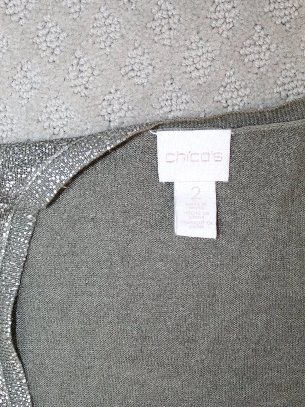 Chico's Cardigan Wm 12 /Sz 2 Glitter Silver Tie Front Long Sleeve Greenish Gray